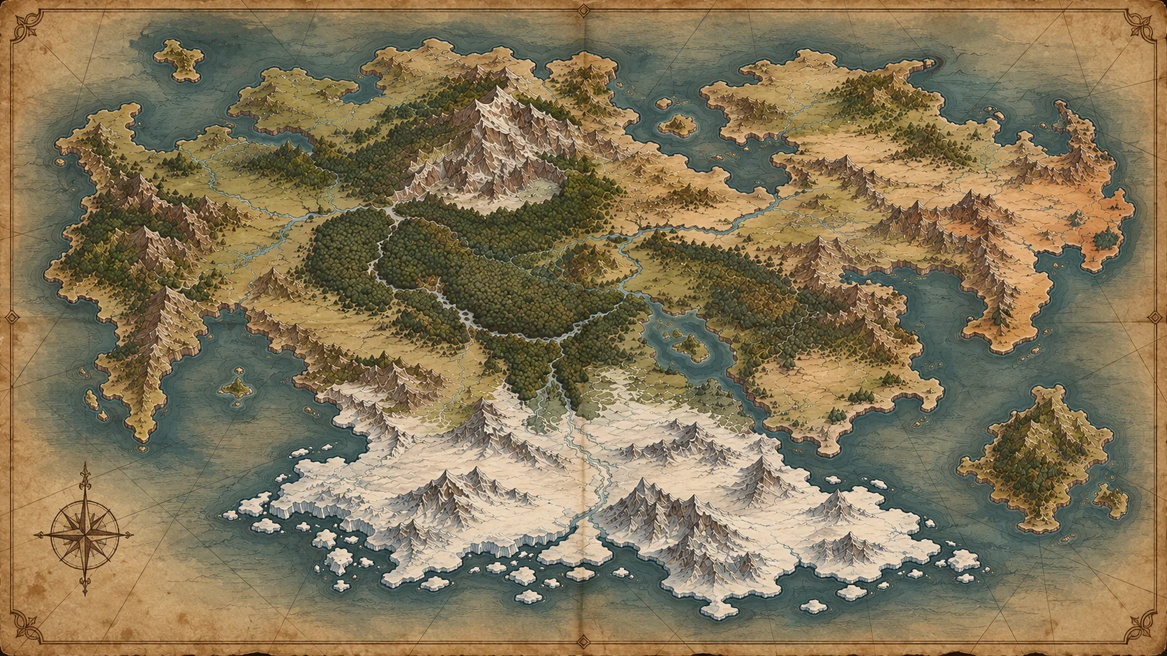 Mappa illustrata del continente, con foreste, montagne, isole e terre innevate